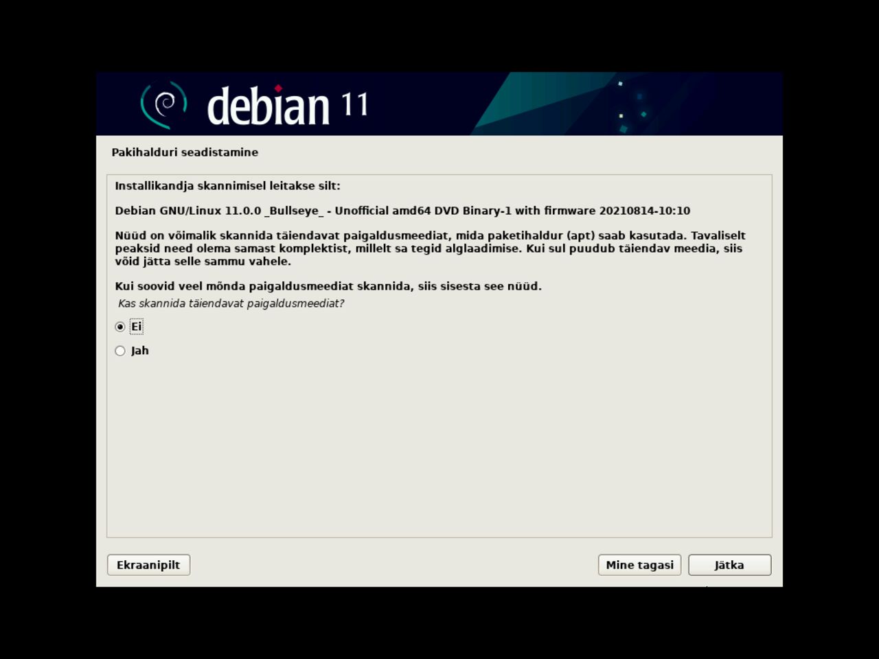 Minu esimene Linux sülearvuti - Scan täiendav CD debiani paketi halduri seadistamiseks paigaldamise ajal