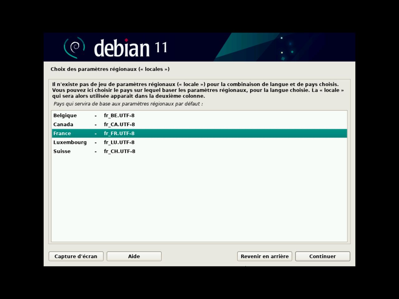 Mon premier ordinateur Linux - Sélectionnez les paramètres paramètres locaux pour l'installation debian